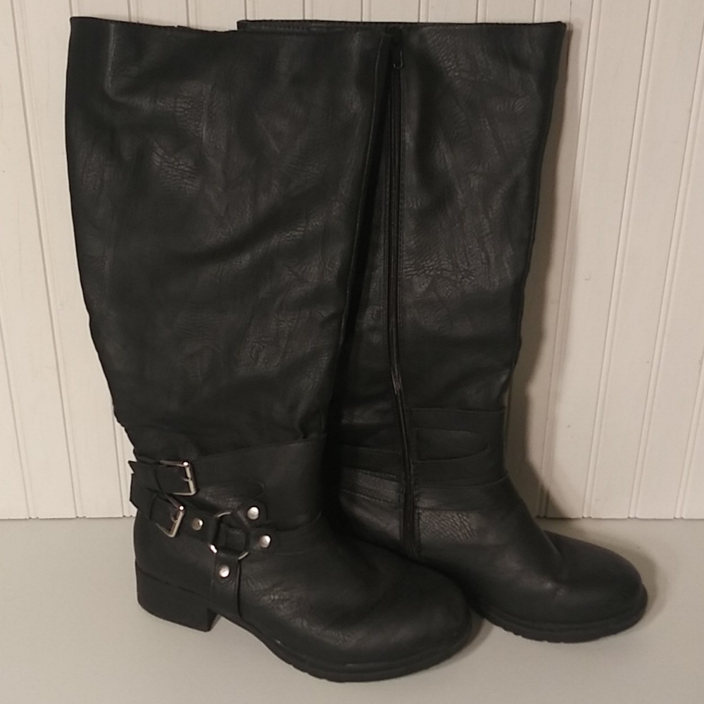 Black Motorcycle Boots Faux Leather Silver Accents